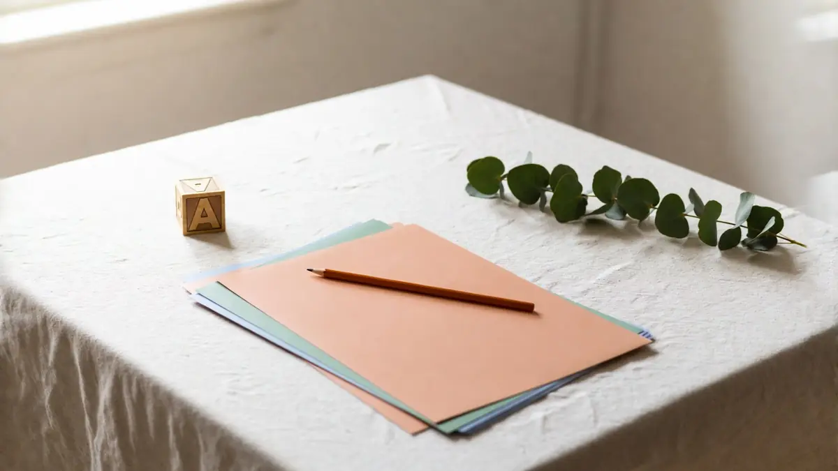 Soft still life of pastel worksheets, a wooden pencil, eucalyptus, and an alphabet block